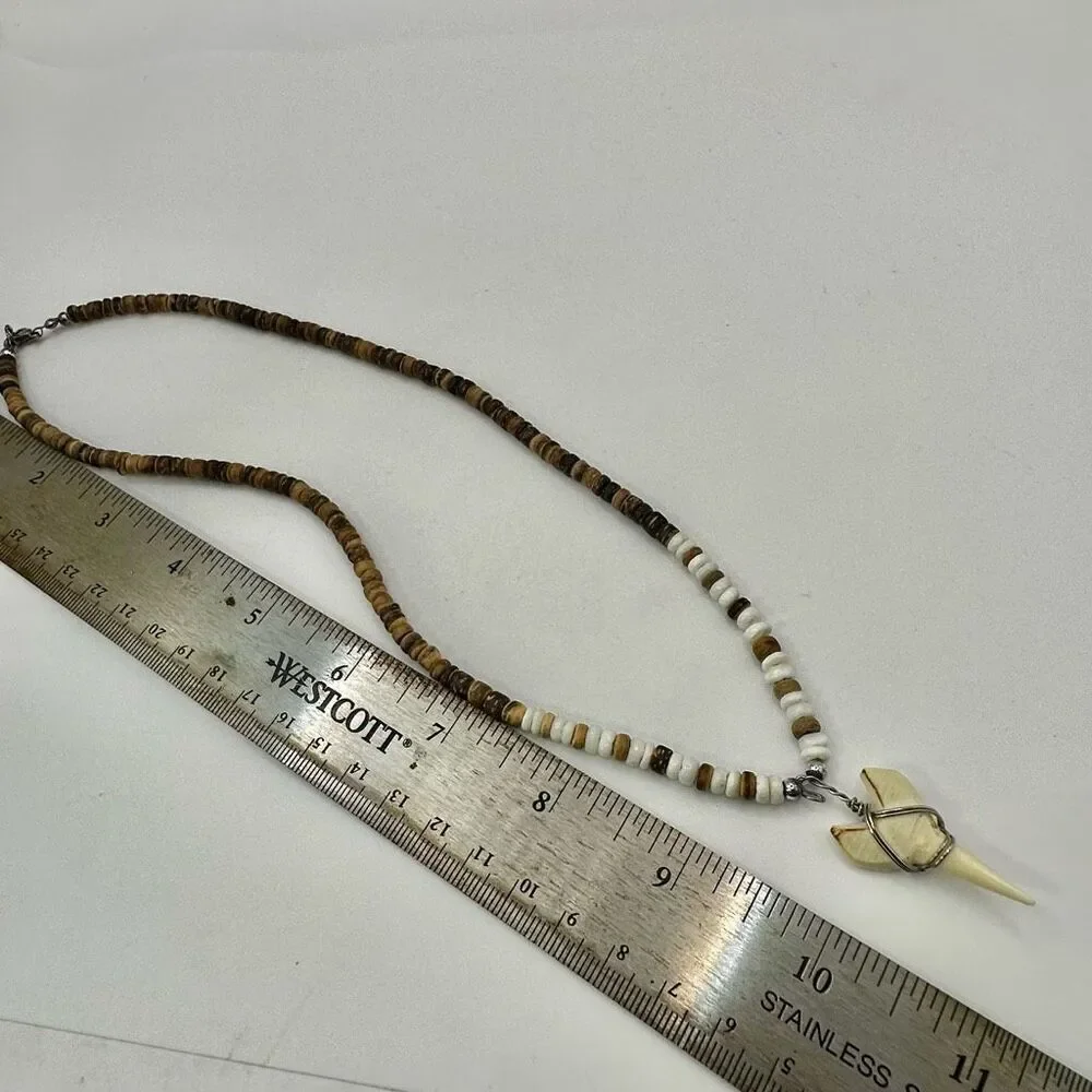 Shark tooth wood and shell beaded necklace